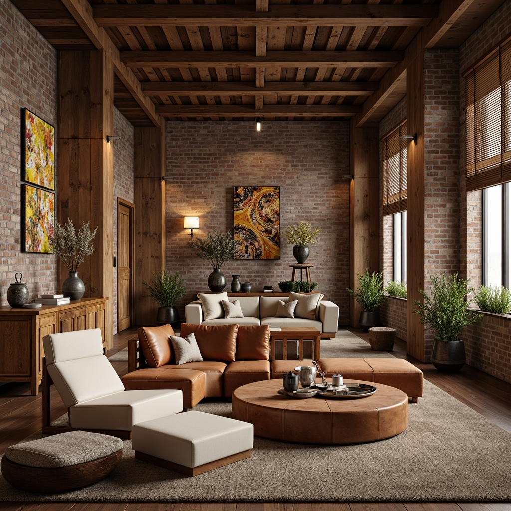 Prompt: Warm earthy tones, rich wood accents, natural stone textures, vintage metal fixtures, distressed leather upholstery, soft woven fabrics, creamy whites, weathered woods, rustic brick walls, industrial metal beams, reclaimed wooden floors, cozy ambient lighting, shallow depth of field, 3/4 composition, realistic renderings, warm color grading.