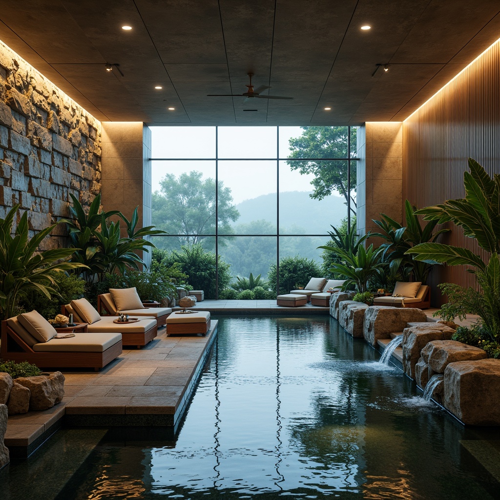 Prompt: Luxuriant indoor pool area, natural stone walls, lush greenery, tropical plants, water features, gentle waterfall sounds, warm LED lighting, comfortable lounge seating, wooden accents, large glass windows, serene outdoor views, misty atmosphere, soft focus blur, shallow depth of field, 2/3 composition, realistic textures, ambient occlusion.