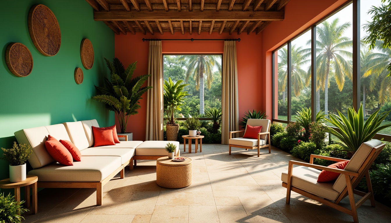 Prompt: Vibrant tropical interior, lush green walls, bright coral accents, warm sandy beige floors, natural wood furniture, woven rattan textures, exotic floral patterns, sunny yellow highlights, soft turquoise blues, misty morning lighting, shallow depth of field, 1/1 composition, realistic renderings, ambient occlusion.