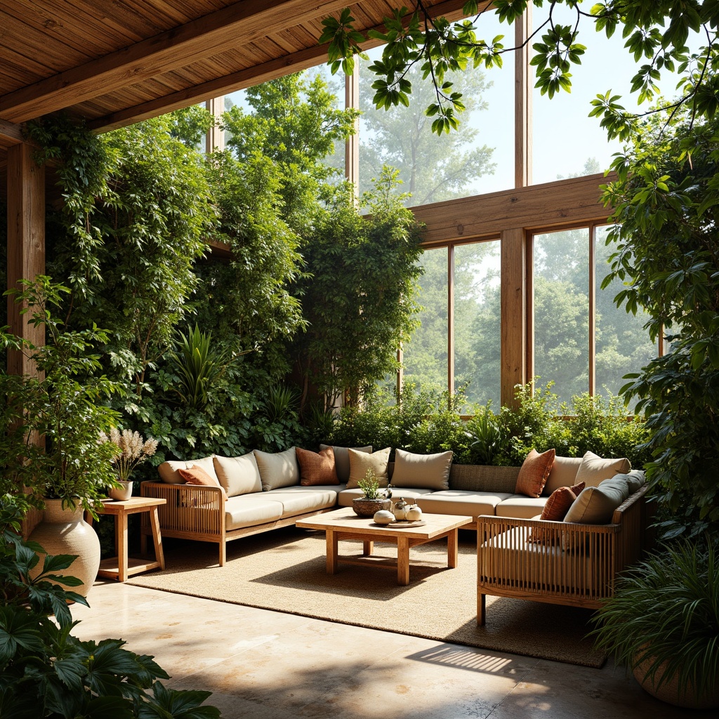 Prompt: Natural sunroom, lush greenery, living walls, vertical gardens, reclaimed wood accents, earthy color palette, organic shapes, natural stone flooring, bamboo furniture, woven textiles, rattan decor, airy atmosphere, abundant sunlight, soft warm lighting, shallow depth of field, 1/1 composition, panoramic view, realistic textures, ambient occlusion.