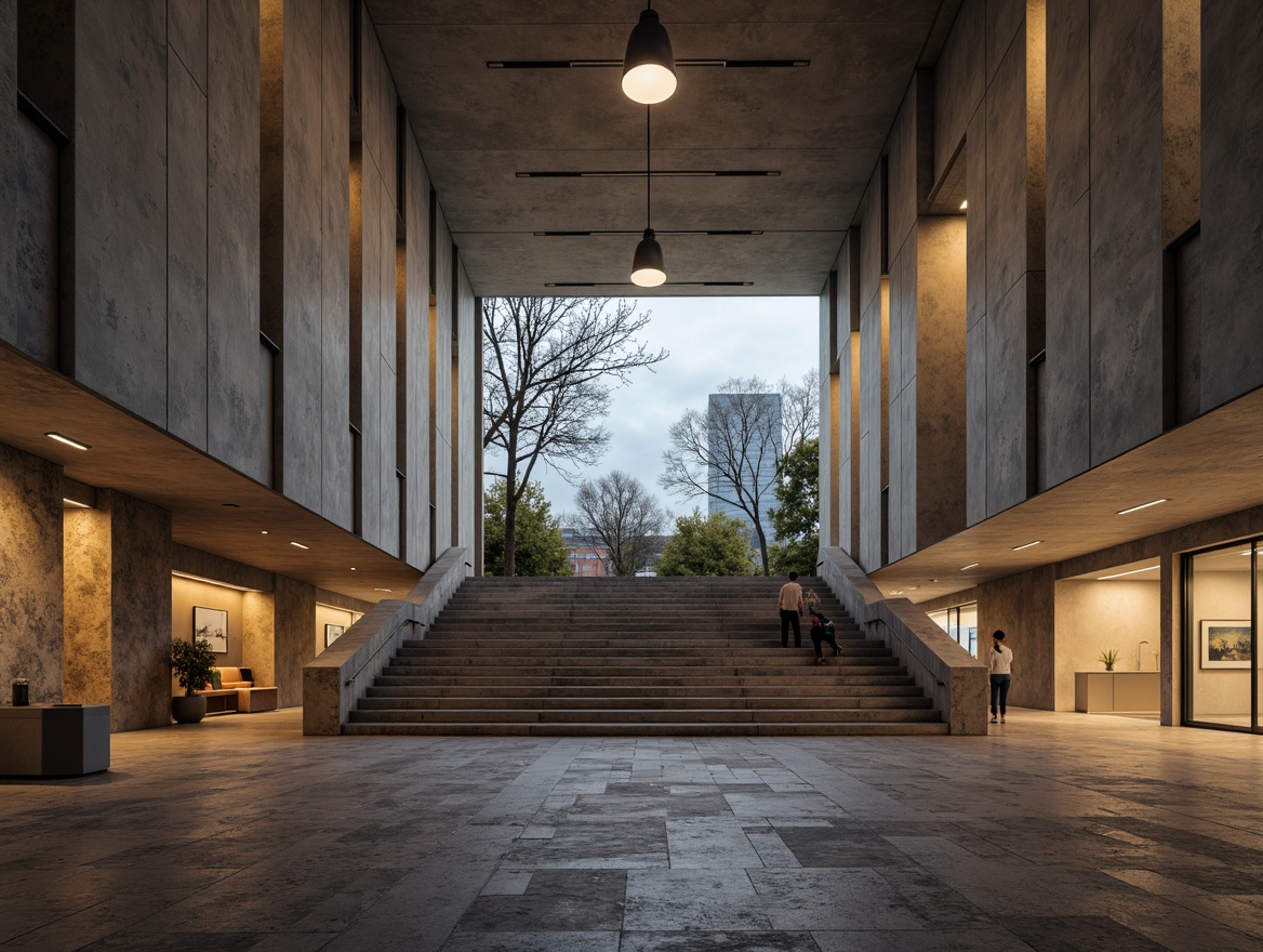 Prompt: Exposed concrete walls, rugged stone floors, monumental staircase, brutalist architecture, cultural center, dramatic high ceilings, industrial-style lighting fixtures, suspended metal lamps, warm ambient glow, softbox lights, subtle color temperature, low-hanging pendants, minimalist decorative elements, raw unfinished textures, urban cityscape views, cloudy day, soft natural light, 1/1 composition, realistic shadows, cinematic mood.