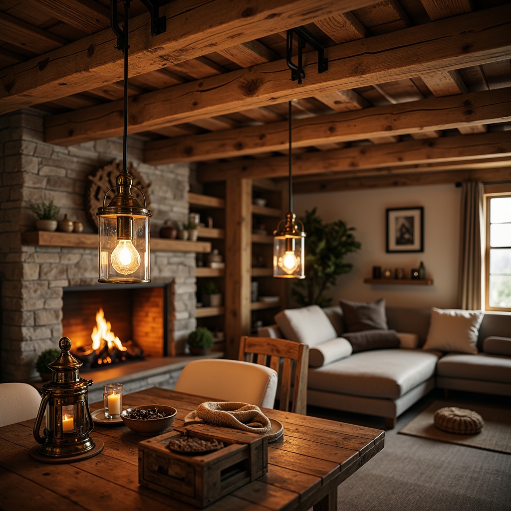 Prompt: Rustic cabin, wooden beams, natural stone walls, earthy tones, distressed wood accents, vintage metal lanterns, pendant lighting, candlelit ambiance, soft warm glow, cozy atmosphere, country-style decor, wooden chandeliers, ironwork details, mason jar pendants, Edison bulbs, bronze fixtures, linen shades, natural textures, organic feel, autumnal colors, crackling fireplace, warm inviting space, softbox lighting, 1/1 composition, shallow depth of field.