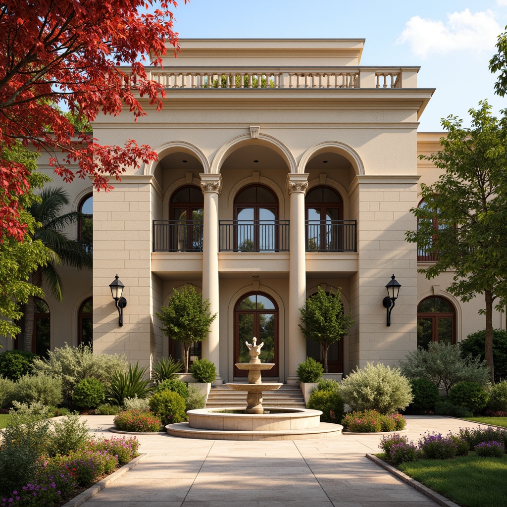 Prompt: Elegant courthouse building, grand archways, ornate columns, decorative cornices, rustic stonework, warm beige color scheme, lush greenery, blooming flowers, tranquil fountain, vibrant bougainvillea, sunny day, soft warm lighting, shallow depth of field, 3/4 composition, panoramic view, realistic textures, ambient occlusion.