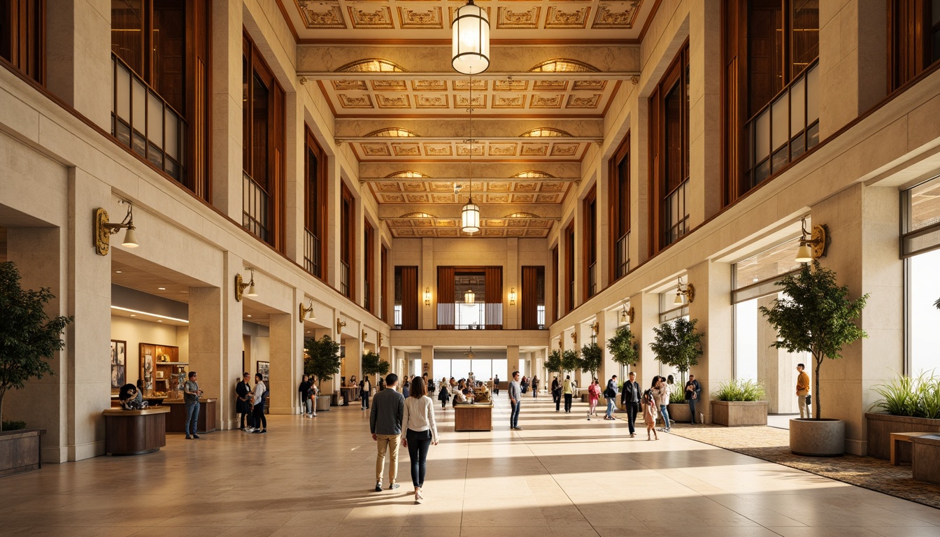 Prompt: Elegant airport terminal, grand high ceilings, ornate details, symmetrical architecture, warm beige stone walls, rich wood accents, luxurious bronze fixtures, soft golden lighting, intricate moldings, sophisticated color palette, harmonious blend of cream, sienna, and umber hues, subtle gradient effects, realistic reflections, shallow depth of field, 1/2 composition, panoramic view, ambient occlusion.