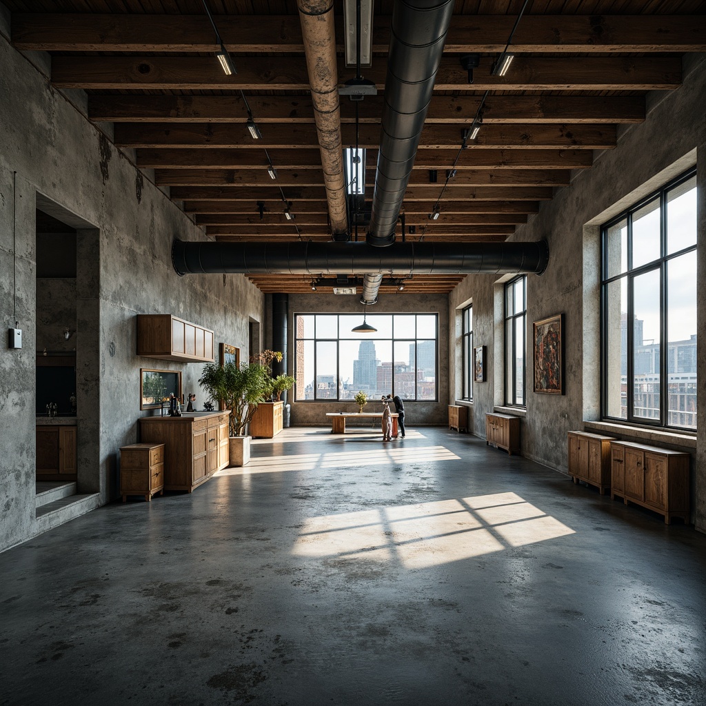 Prompt: Abandoned industrial site, rugged concrete walls, rusty metal beams, exposed ductwork, distressed brick facades, reclaimed wood accents, industrial-style lighting fixtures, minimalist decor, open-plan layout, polished concrete floors, floor-to-ceiling windows, natural light pouring in, urban landscape views, gritty cityscape, moody atmospheric lighting, high-contrast shadows, cinematic composition, realistic textures, ambient occlusion.