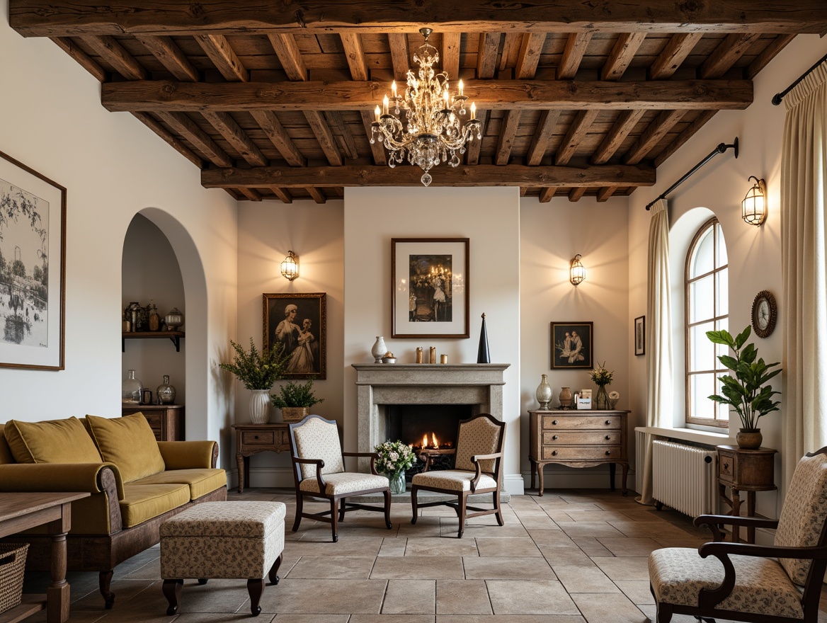 Prompt: Rustic wooden beams, distressed finishes, soft warm lighting, elegant chandeliers, plush velvet sofas, ornate carved wooden chairs, vintage metal accents, woven wicker baskets, natural stone floors, creamy white walls, rich wood tones, curved lines, romantic ambiance, cozy nooks, luxurious fabrics, subtle patterns, antique decorative pieces, classic French country charm.