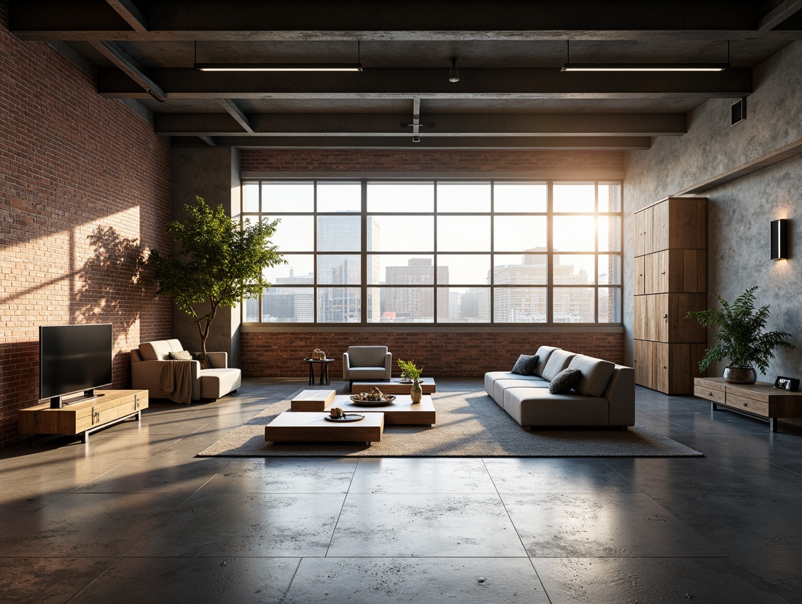 Prompt: Industrial factory setting, exposed brick walls, steel beams, polished concrete floors, minimalist furniture, sleek metal frames, low-profile sofas, geometric coffee tables, monochromatic color scheme, urban cityscape views, large glass windows, natural light pouring in, warm soft lighting, shallow depth of field, 3/4 composition, panoramic view, realistic textures, ambient occlusion, metallic accents, reclaimed wood decor, functional storage units, modern industrial lighting fixtures, simplified shapes, clean lines.