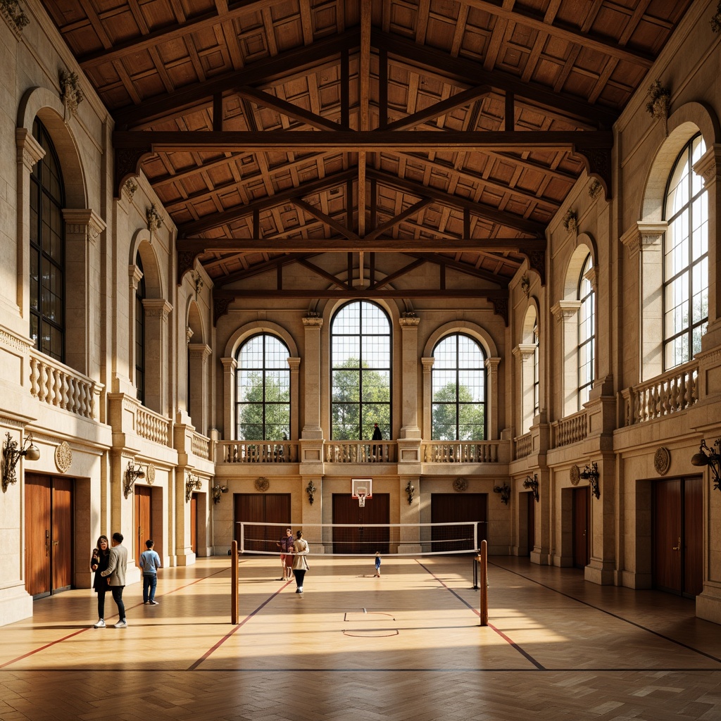 Prompt: Grand gymnasium, Renaissance-style fa\u00e7ade, ornate stone carvings, arched windows, decorative columns, intricate moldings, high ceilings, wooden floors, athletic equipment, basketball hoops, volleyball nets, exercise machines, elegant chandeliers, warm golden lighting, soft natural textures, subtle color palette, classic proportions, symmetrical composition, harmonious balance, realistic reflections, ambient occlusion.