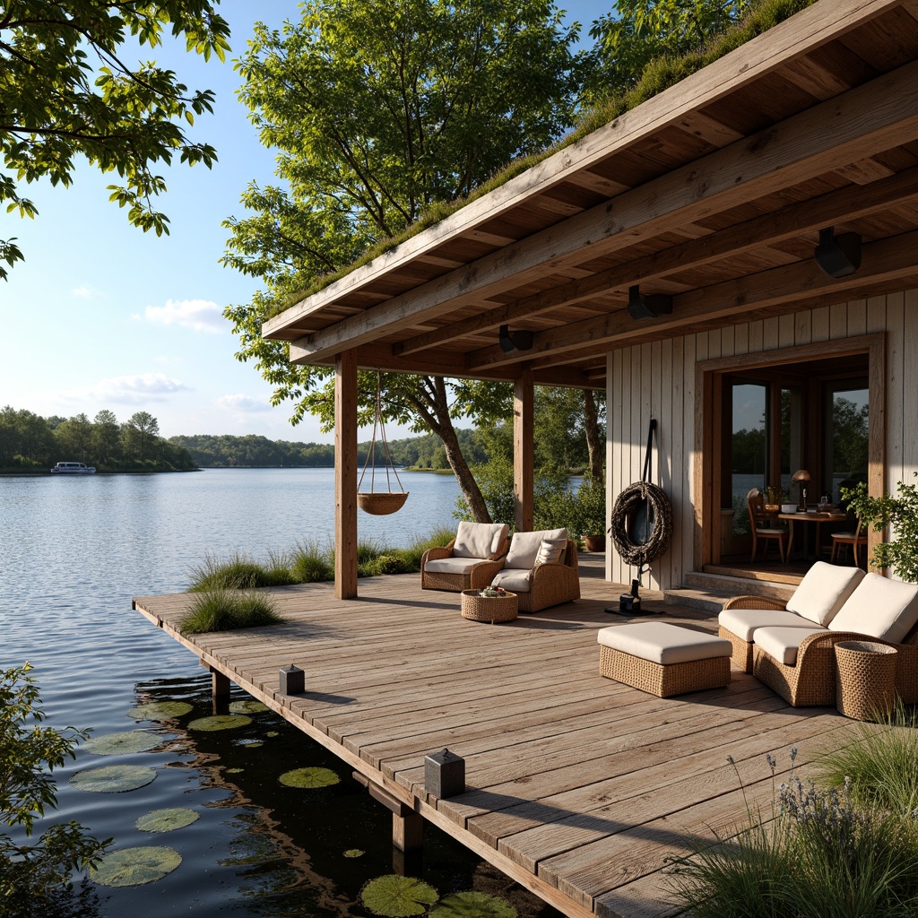 Prompt: Waterfront boathouse, rustic wooden dock, weathered planks, nautical ropes, aquatic plants, serene lake views, calm sunny day, soft warm lighting, shallow depth of field, 3/4 composition, natural stone foundation, earthy brown color palette, moss-covered roof, distressed wood textures, vintage marine hardware, cozy interior spaces, plush cushions, woven wicker furniture, driftwood decorations, tranquil ambiance, subtle wave reflections.