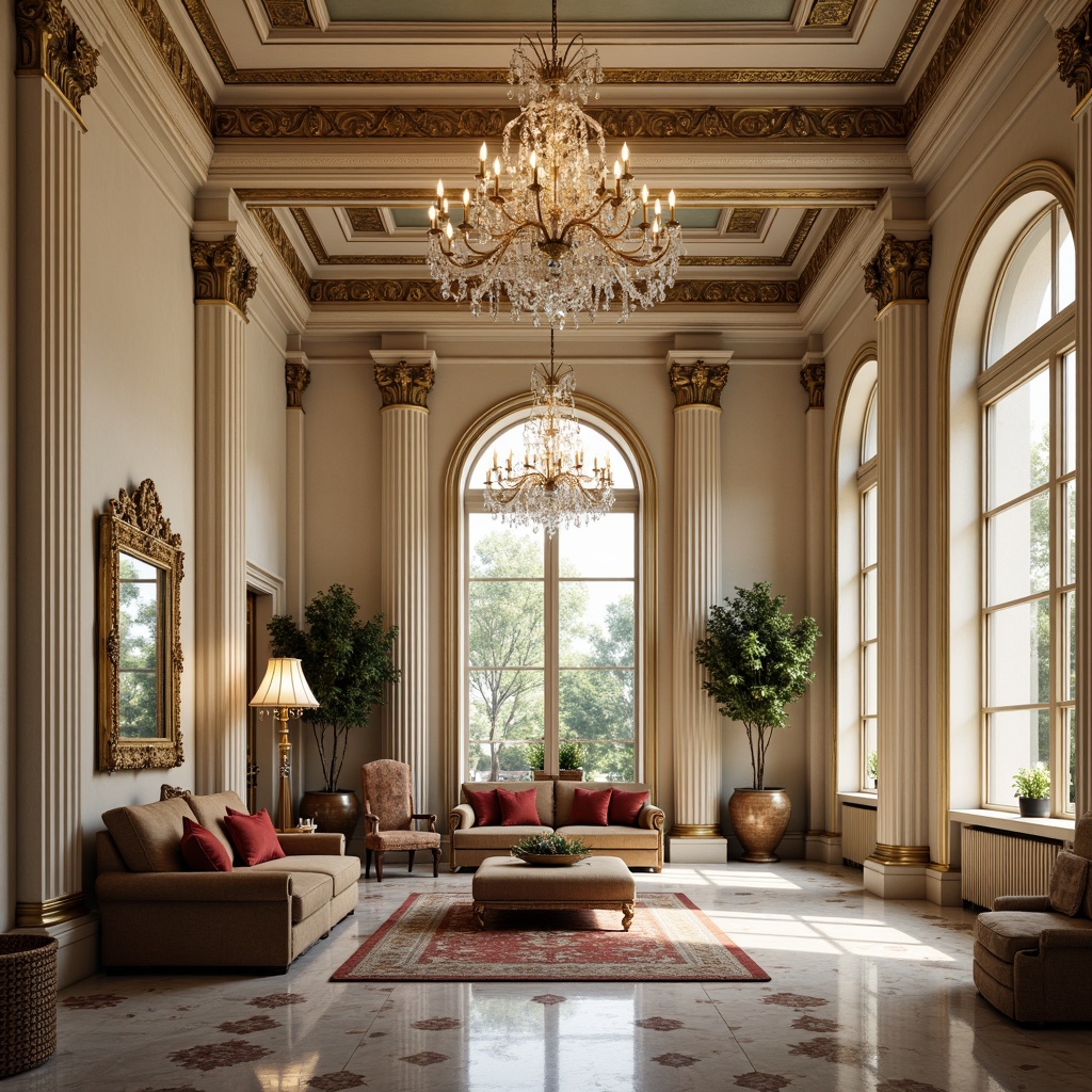 Prompt: Luxurious neoclassical interior, richly ornamented walls, grandiose columns, intricately carved wooden furniture, polished marble floors, crystal chandeliers, soft warm lighting, elegant cream colors, muted gold accents, velvety deep reds, sophisticated neutral tones, subtle patterned rugs, ornate mirrors, refined architectural details, high ceilings, spacious rooms, natural textures, realistic reflections, shallow depth of field, 1/1 composition.