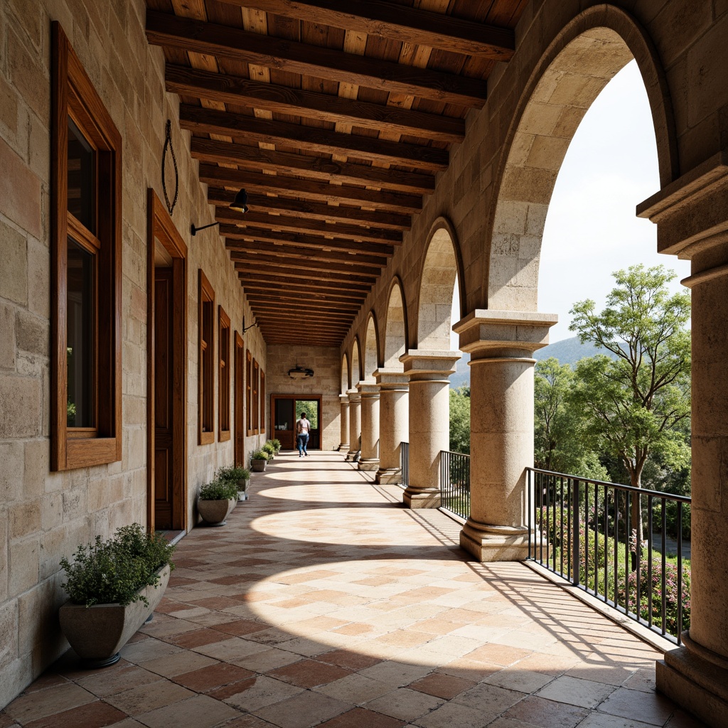 Prompt: Curved arches, ornate columns, rustic stone walls, terracotta roofs, wooden shutters, distressed finishes, wrought iron railings, glazed tiles, ornamental ceramics, natural stonework, weathered wood accents, soft warm lighting, shallow depth of field, 3/4 composition, panoramic view, realistic textures, ambient occlusion.