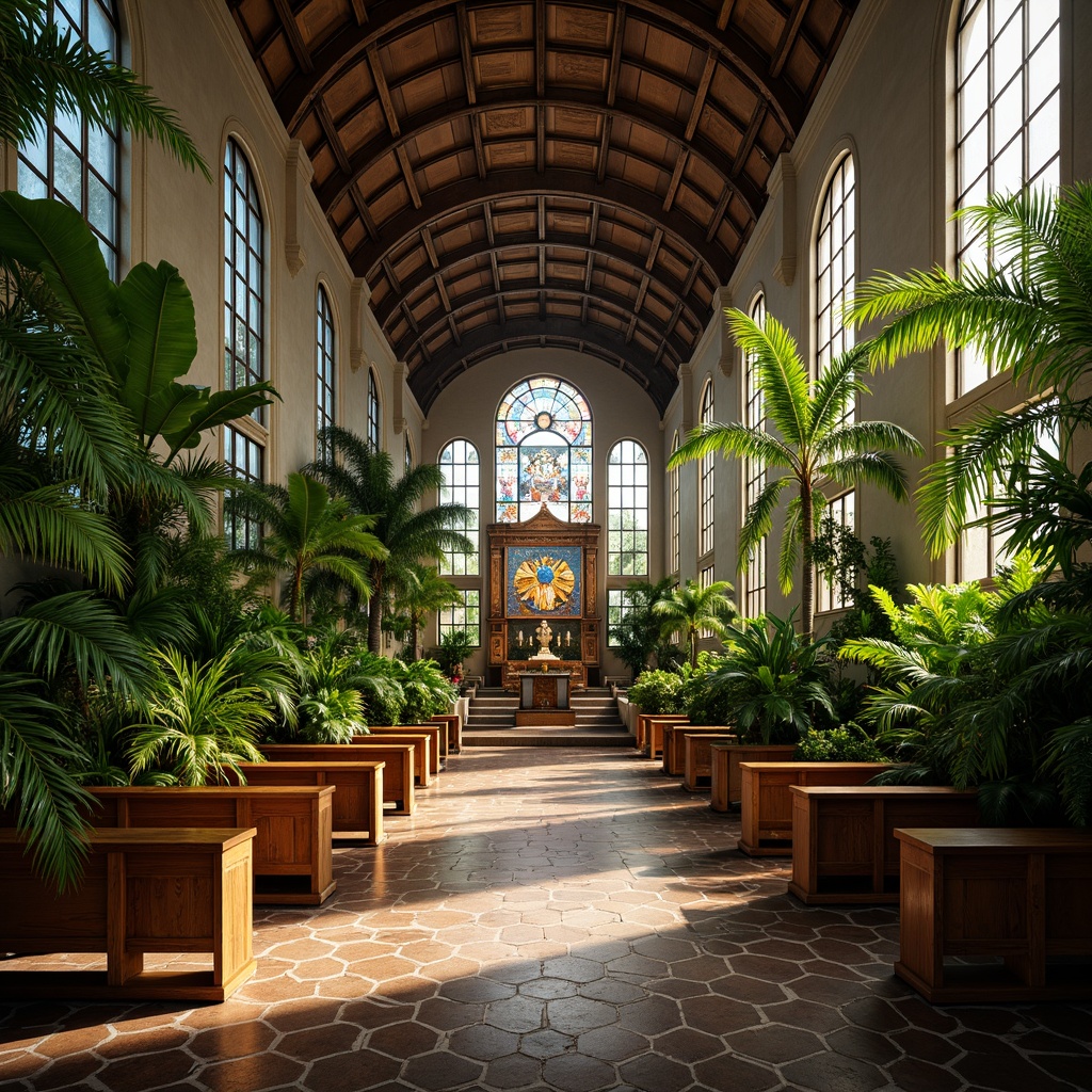 Prompt: Exotic tropical church interior, lush greenery, vibrant flowers, palm trees, ferns, monstera deliciosa, bird of paradise plants, wooden pews, stained glass windows, colorful mosaics, ornate carvings, vaulted ceilings, soft warm lighting, shallow depth of field, 1/1 composition, realistic textures, ambient occlusion.