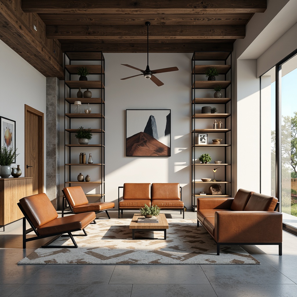 Prompt: Minimalist living room, industrial materials, metal frames, wooden accents, leather upholstery, geometric shapes, primary color scheme, functional simplicity, clean lines, rectangular forms, open shelving, tubular steel legs, adjustable armchairs, modular sofas, geometric-patterned rugs, abstract artwork, natural light, soft shadows, high-contrast lighting, 1/1 composition, realistic textures, subtle ambient occlusion.