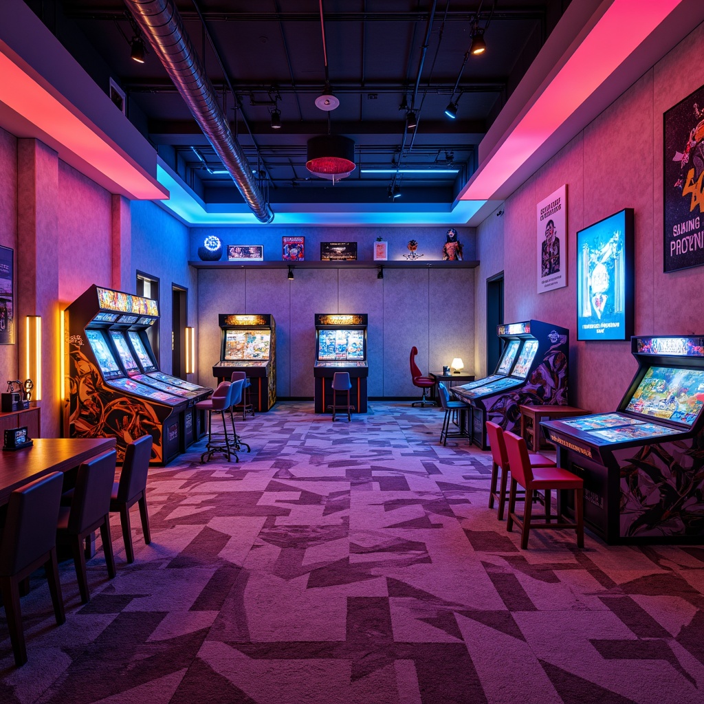 Prompt: Vibrant game room, neon-lit arcade machines, colorful LED lights, futuristic virtual reality stations, plush carpeting, comfortable gaming chairs, sleek wooden tables, retro-style posters, nostalgic console displays, abstract geometric patterns, metallic accents, modern minimalist shelves, ambient softbox lighting, shallow depth of field, 1/2 composition, cinematic camera angles, realistic textures, advanced particle effects.