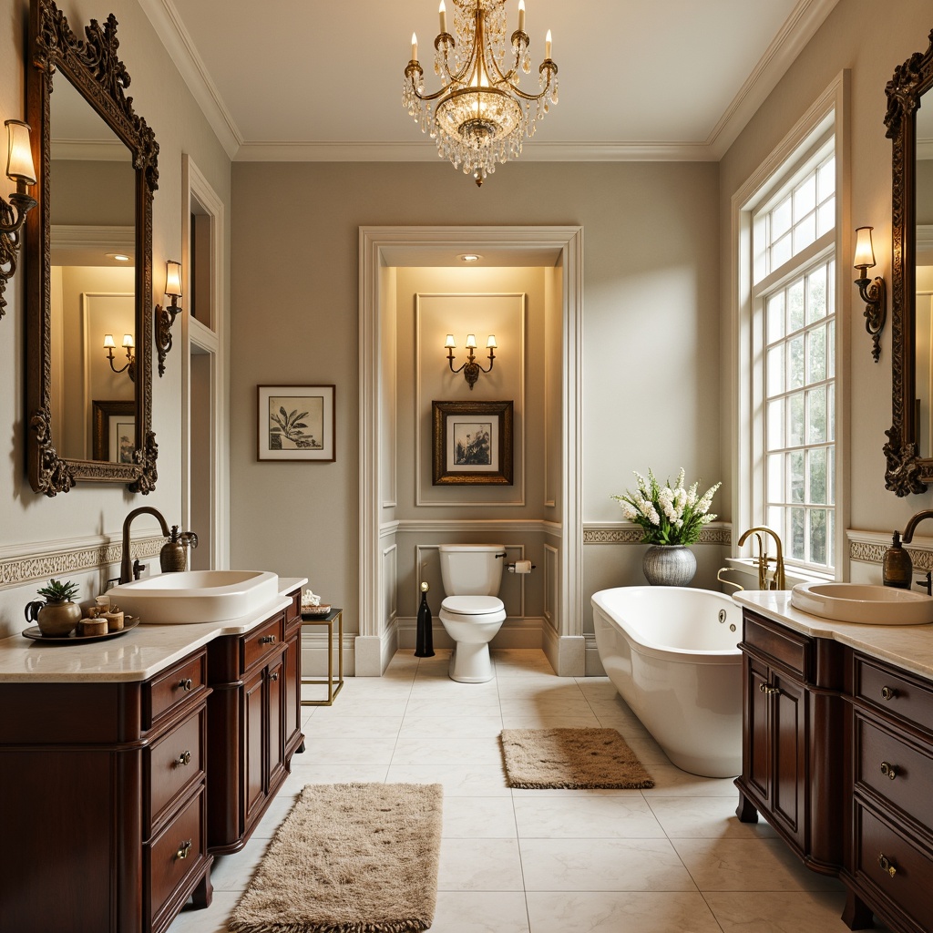 Prompt: Elegant bathroom fixtures, ornate mirrors, lavish countertops, marble flooring, classic ceramic tiles, bronze faucets, crystal chandeliers, soft warm lighting, subtle shading, shallow depth of field, 1/1 composition, realistic textures, ambient occlusion, freestanding tubs, separate walk-in showers, luxurious toilet seats, decorative wall sconces, intricately carved cabinetry, rich wood tones, ornamental accessories, plush bath mats, floral patterns, creamy color palette.