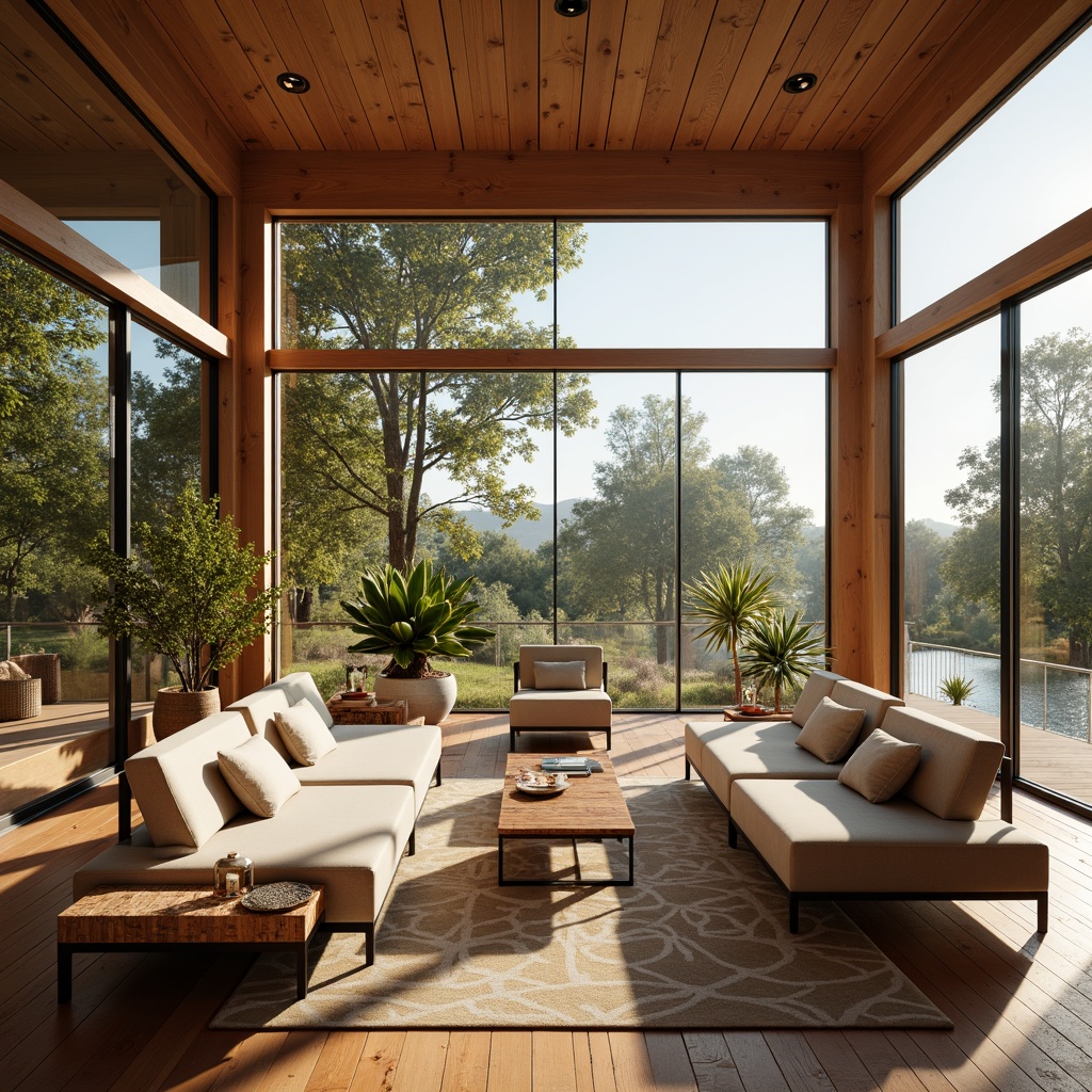 Prompt: Cozy sunroom, abundant natural light, warm wooden flooring, minimalist furniture, sleek metal frames, low-profile sofas, simple coffee tables, geometric patterned rugs, greenery plants, sliding glass doors, panoramic views, soft warm lighting, shallow depth of field, 3/4 composition, realistic textures, ambient occlusion.