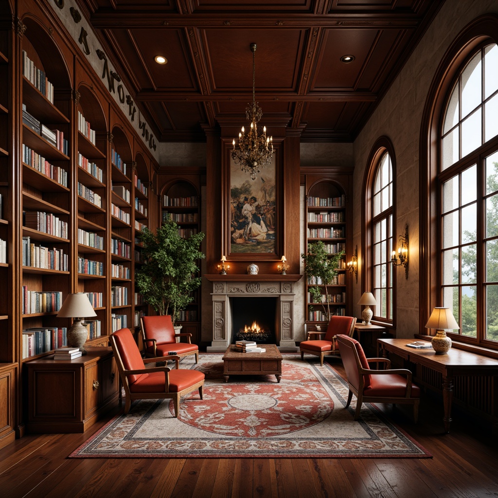 Prompt: Rich wood tones, classic bookshelves, ornate carvings, soft warm lighting, comfortable reading nooks, plush armchairs, elegant wooden tables, sophisticated lamps, floor-to-ceiling windows, natural stone walls, cozy atmosphere, vintage book collections, leather-bound tomes, golden metal accents, subtle texture overlays, shallow depth of field, 1/2 composition, realistic renderings, ambient occlusion.