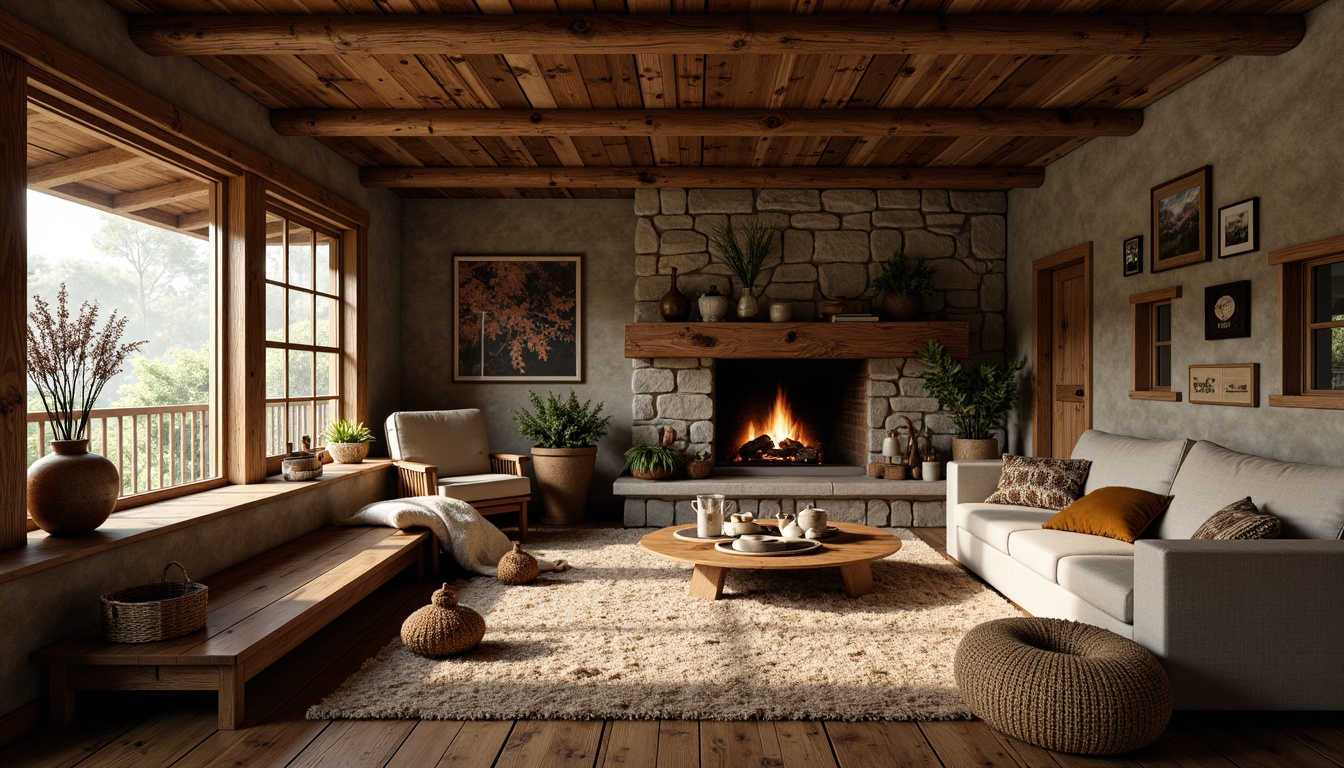 Prompt: Cozy cabin, wooden accents, natural textures, earthy tones, vintage decorations, distressed finishes, reclaimed wood, stone walls, fireplace, warm lighting, soft shadows, 3/4 composition, intimate atmosphere, rustic charm, organic shapes, woven baskets, plush throw blankets, nature-inspired patterns, comfortable seating, relaxing ambiance.