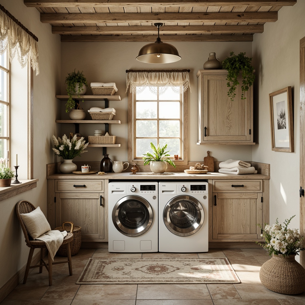 Prompt: Rustic laundry room, distressed wood accents, soft warm lighting, vintage-inspired decor, natural stone floors, woven baskets, floral patterns, linen fabrics, creamy whites, gentle beiges, weathered wood furniture, ornate metal fixtures, traditional French country charm, subtle elegance, cozy nooks, plush area rugs, delicate lace trim, romantic ambiance, warm beige walls, soft pastel hues, elegant candelabras, natural fiber textiles, earthy tones, inviting atmosphere.