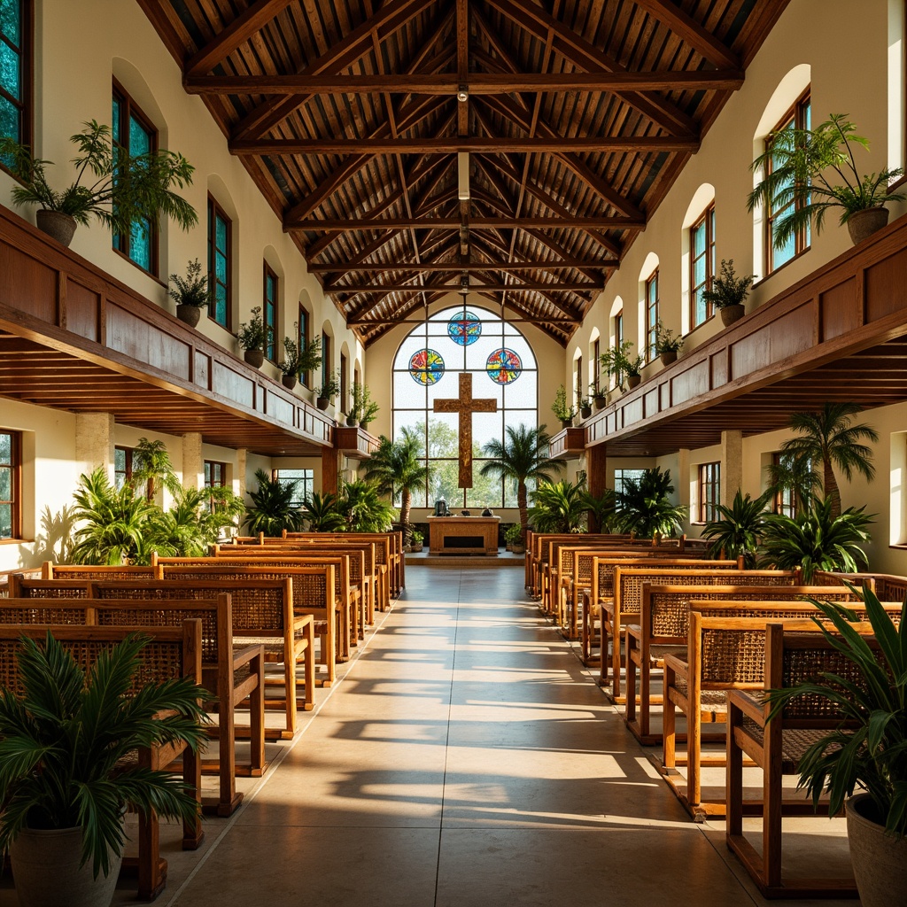 Prompt: Tropical church interior, natural wood pews, woven rattan chairs, exotic palm tree decorations, colorful floral patterns, vibrant turquoise accents, rustic wooden crosses, stained glass windows, warm golden lighting, shallow depth of field, 3/4 composition, panoramic view, realistic textures, ambient occlusion.