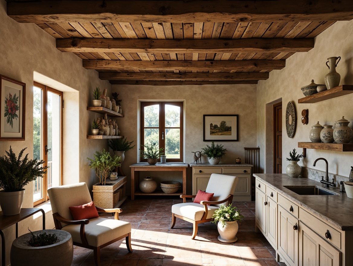 Prompt: Rustic French country cottage, weathered stone walls, distressed wooden beams, ornate metalwork, floral patterned ceramics, vintage furniture, soft golden lighting, warm beige color palette, natural linen fabrics, woven baskets, potted lavender plants, aged brick floors, distressed leather armchairs, creamy white marble countertops, rustic wooden cabinets, soft focus, shallow depth of field, 1/2 composition, intimate atmosphere, realistic textures, ambient occlusion.