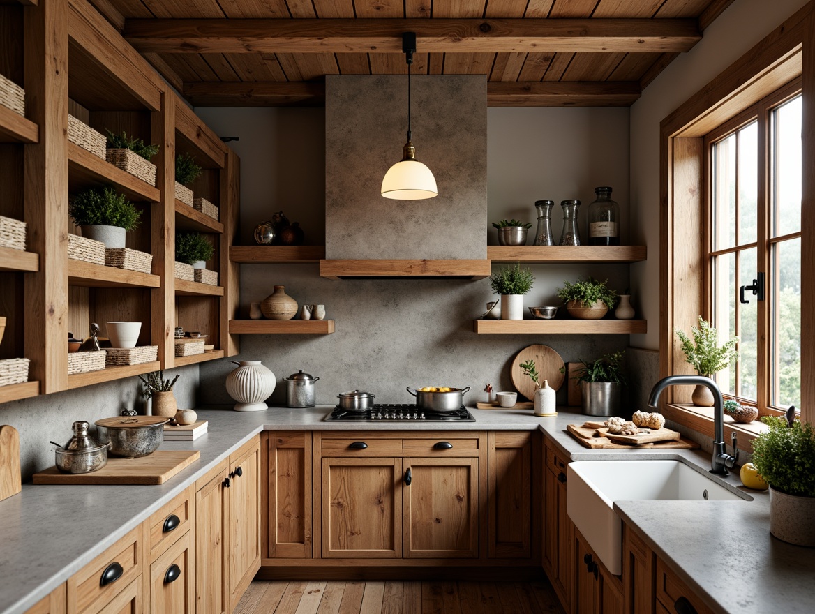 Prompt: Rustic kitchen, wooden open shelving, distressed finishes, earthy tones, natural textures, craftsman-style cabinetry, ornate metal hardware, warm pendant lighting, farmhouse sink, butcher block countertops, woven baskets, vintage decorative items, soft warm colors, cozy atmosphere, shallow depth of field, 1/1 composition, realistic wood grains, ambient occlusion.