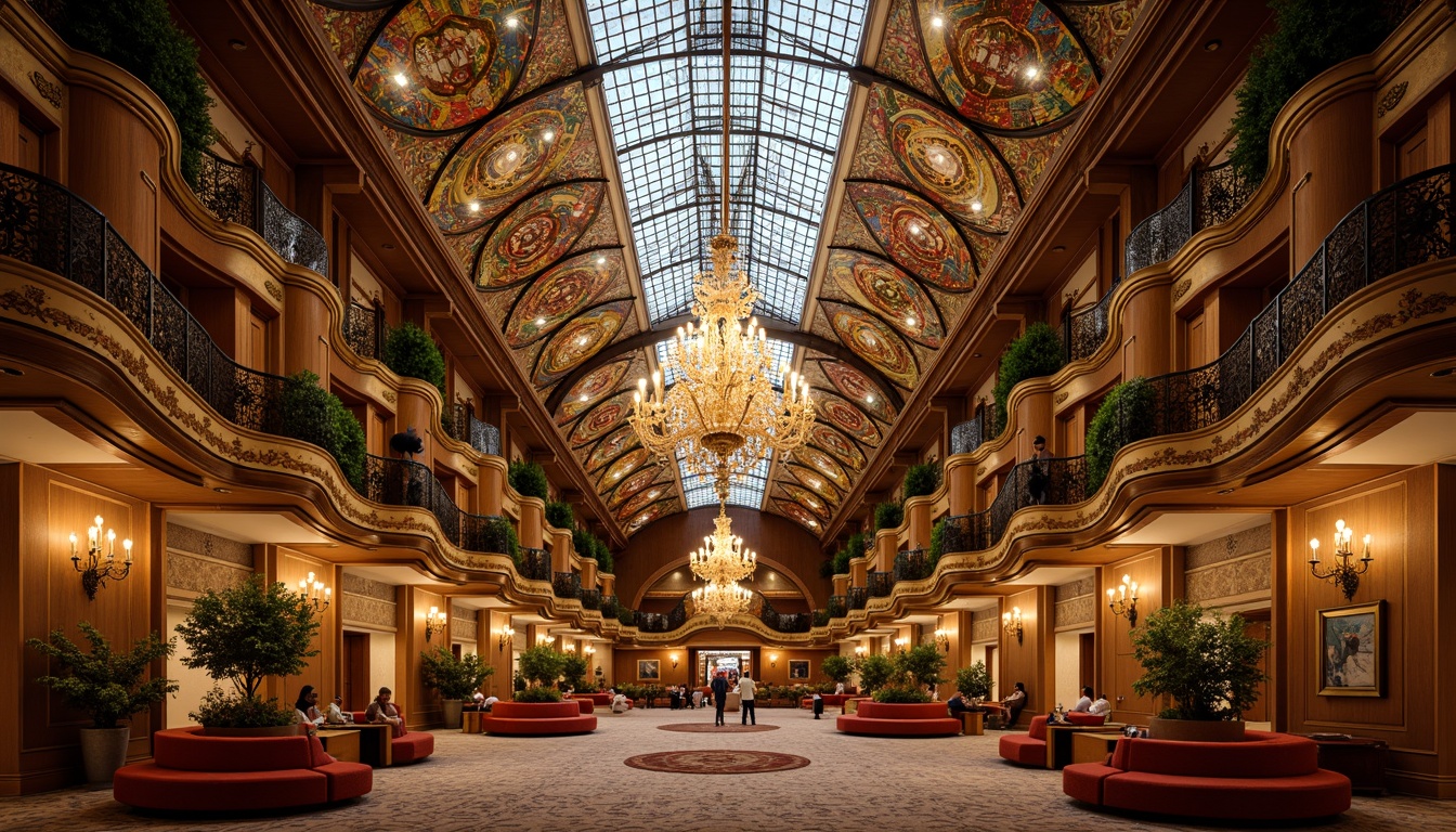 Prompt: Opulent ballroom, grand chandeliers, sinuous curves, flowing organic lines, ornate metalwork, stained glass ceilings, vibrant colorful mosaics, intricate wooden carvings, luxurious fabrics, rich textures, warm golden lighting, soft candlelight, dramatic spotlights, 3/4 composition, symmetrical framing, shallow depth of field, realistic reflections, ambient occlusion.