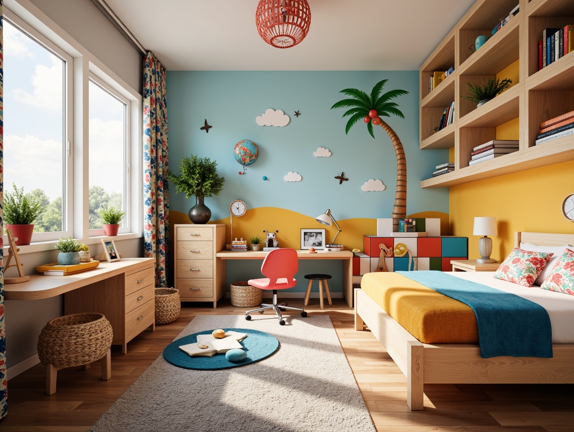 Prompt: Vibrant kids' bedroom, playful furniture, colorful storage bins, whimsical wall decals, soft plush carpets, sturdy wooden beds, comfortable mattresses, cozy reading nooks, adjustable desks, ergonomic chairs, fun task lamps, lively patterned curtains, natural wood accents, bright sunny windows, gentle warm lighting, 1/1 composition, shallow depth of field, realistic textures.