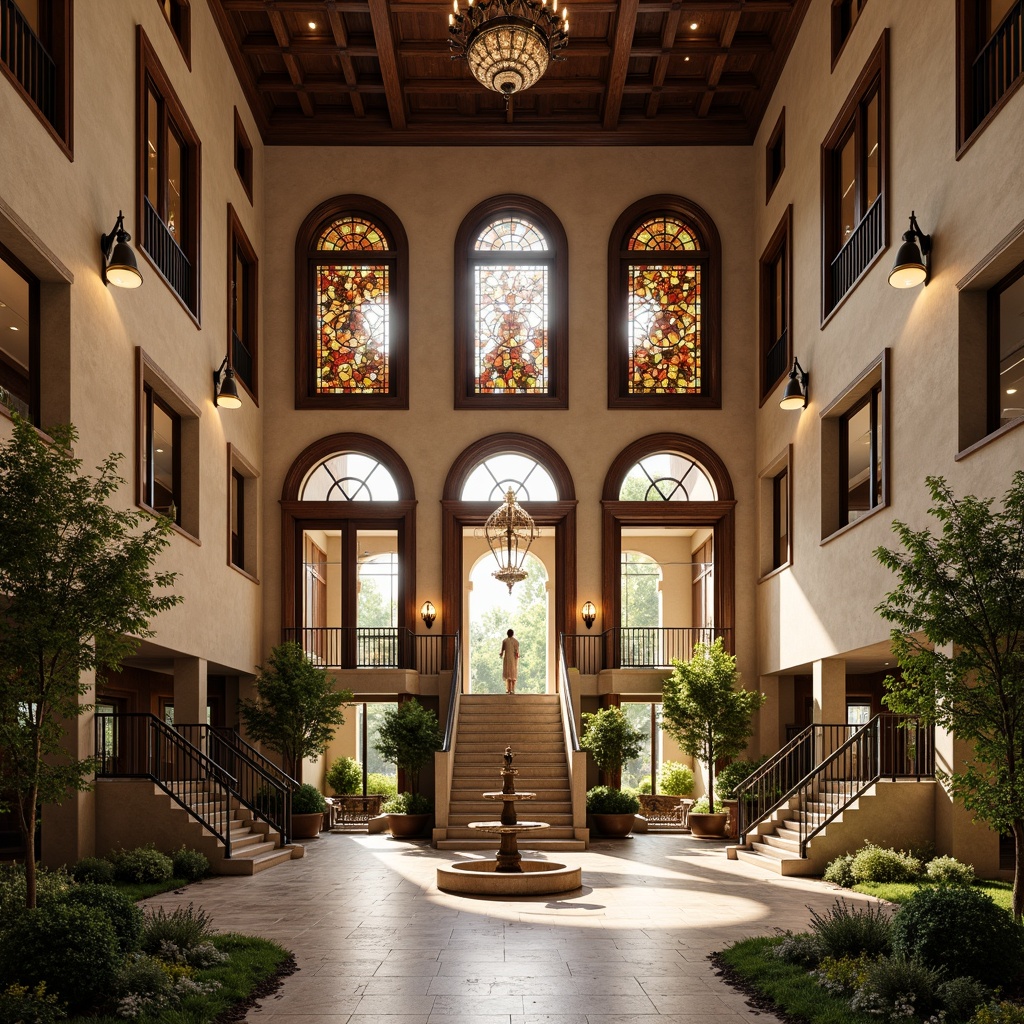 Prompt: Grand Renaissance-style community center, ornate facades, intricately carved wooden doors, stained glass windows, vaulted ceilings, marble floors, elegant chandeliers, sweeping staircases, lush greenery, courtyard fountain, bronze statues, warm golden lighting, soft focus, 1/1 composition, symmetrical view, realistic textures, ambient occlusion.