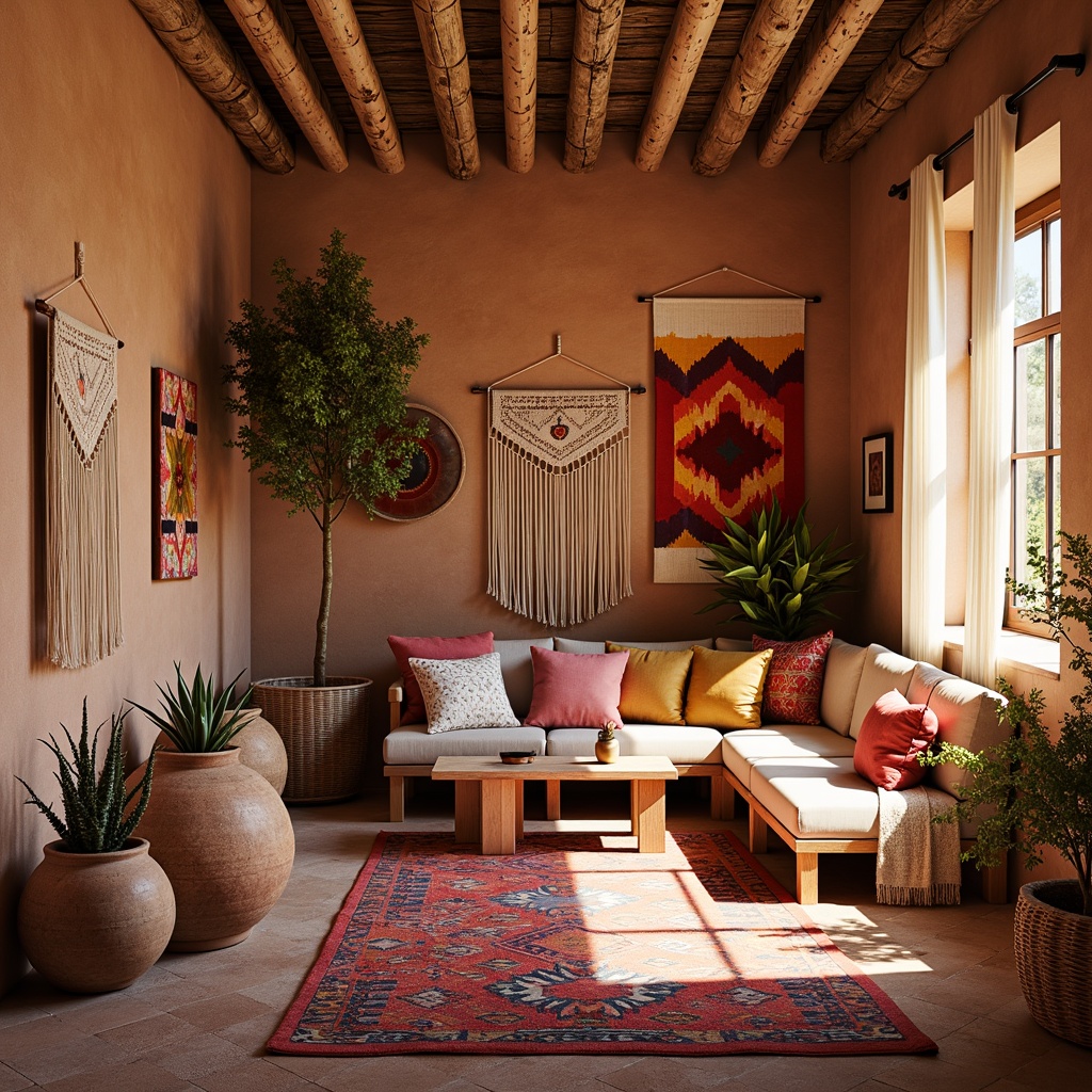 Prompt: Vibrant Southwestern-style craft room, woven textiles, bold geometric patterns, colorful Navajo-inspired rugs, plush pillows, macrame wall hangings, natural wood furniture, earthy tone ceramics, woven baskets, succulent plants, warm desert lighting, soft shadows, shallow depth of field, 1/1 composition, realistic textures, ambient occlusion.