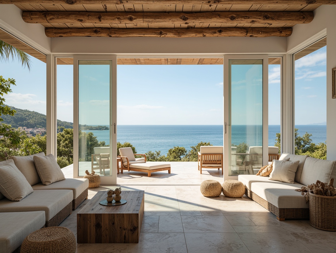 Prompt: Coastal style villa, large windows, sliding glass doors, white wooden frames, natural stone floors, rustic wooden ceilings, beach-inspired decor, driftwood accents, woven rattan furniture, soft beige upholstery, calming ocean views, abundant natural light, warm sunny day, gentle sea breeze, subtle wave patterns, weathered wood textures, minimalist composition, 1/1 aspect ratio, high-key lighting, shallow depth of field.