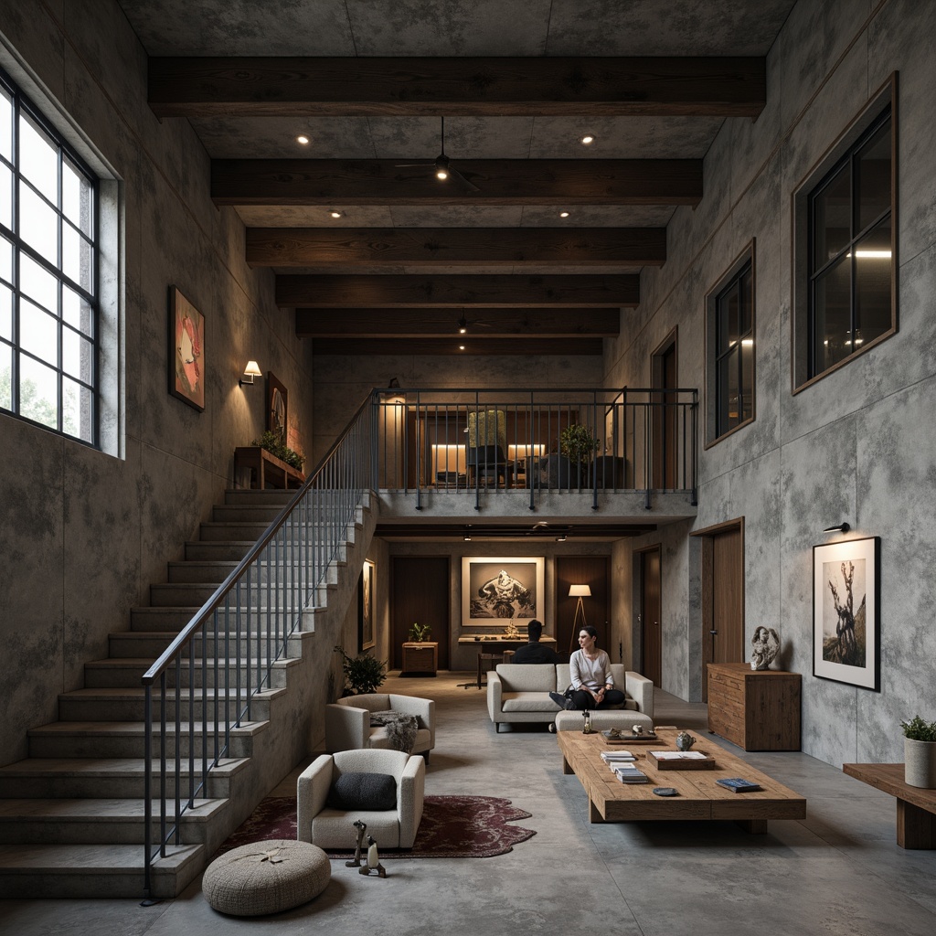 Prompt: Exposed concrete walls, industrial chic decor, brutalist architecture, raw unfinished aesthetic, dimly lit atmosphere, moody color palette, polished concrete floors, minimalist furnishings, steel beams, rugged stone accents, urban loft vibe, reclaimed wood features, distressed metal finishes, dramatic staircase design, cold atmospheric lighting, high ceilings, open-plan layout, edgy modern artwork, avant-garde sculptures.