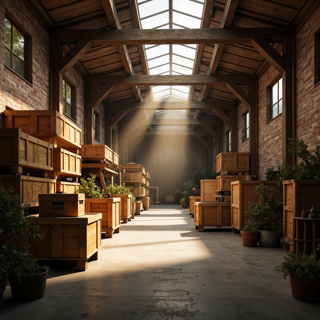 Prompt: Rustic distribution center, wooden crates, vintage machinery, earthy color palette, warm golden lighting, soft shadows, industrial metal beams, distressed brick walls, reclaimed wood accents, natural stone flooring, cozy atmosphere, afternoon sunbeams, subtle fog effects, shallow depth of field, 1/2 composition, realistic textures, ambient occlusion.