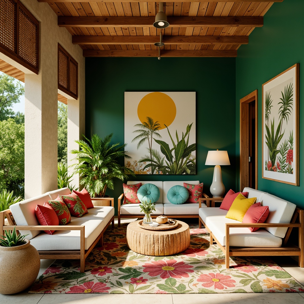 Prompt: Vibrant tropical interior, lush green walls, warm beige floors, exotic wood accents, natural rattan furniture, colorful island-inspired textiles, bold floral patterns, bright coral hues, sunny yellow accents, turquoise blue highlights, ocean-inspired decorative accessories, modern minimalist lighting fixtures, airy open spaces, soft diffused light, 1/1 composition, realistic renderings.