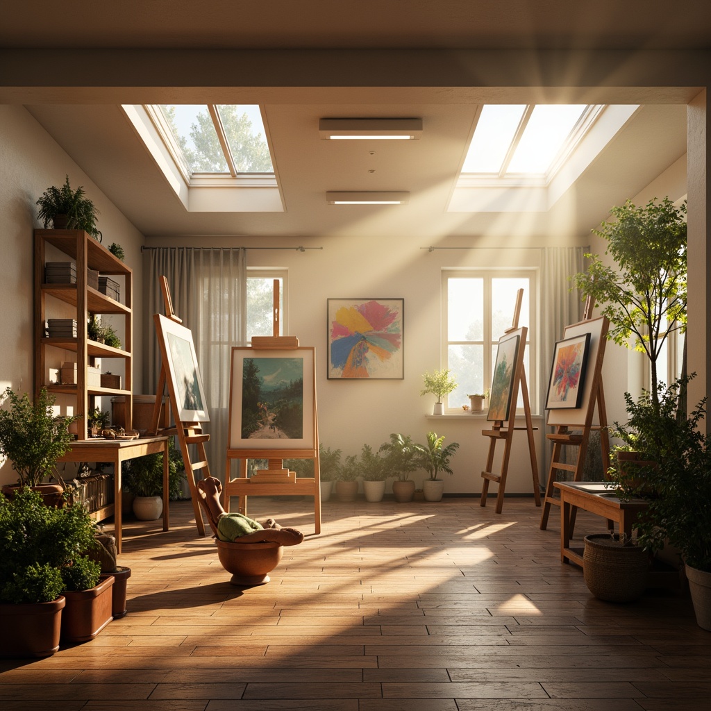 Prompt: Soft warm glow, gentle morning light, luminous studio space, artistic canvases, easels, paintbrushes, vibrant colors, delicate shadows, subtle contrasts, atmospheric ambiance, indirect illumination, clerestory windows, skylights, natural textures, wooden floors, minimalist decor, serene atmosphere, soft focus, shallow depth of field, 1/1 composition, realistic rendering.