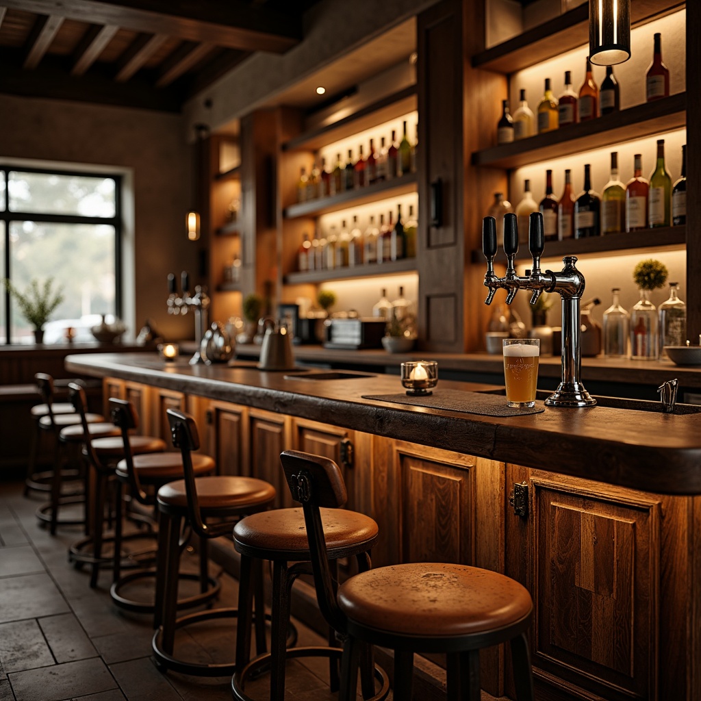 Prompt: Richly textured wooden bar counters, polished metal beer taps, warm ambient lighting, rustic stone walls, vintage leather stools, ornate wooden carvings, classic bronze fixtures, distressed wooden accents, earthy color palette, soft candlelight, shallow depth of field, 1/1 composition, realistic textures, ambient occlusion.