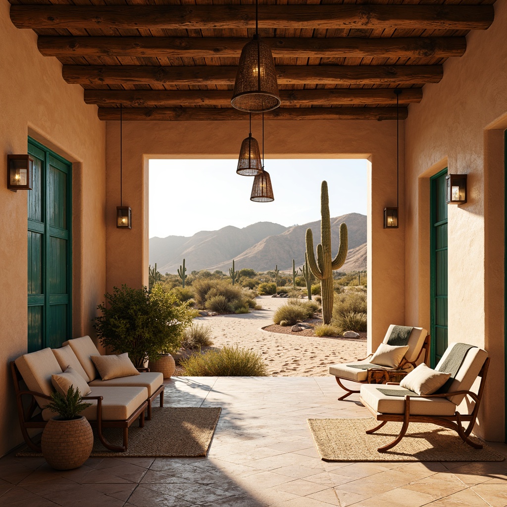 Prompt: Southwestern ambiance, warm earthy tones, rustic metal lanterns, distressed wooden fixtures, woven rattan shades, vibrant turquoise accents, geometric patterned tiles, natural linen fabrics, arid desert landscape, sandy dunes, cactus silhouettes, warm sunny day, soft golden lighting, shallow depth of field, 3/4 composition, panoramic view, realistic textures, ambient occlusion.