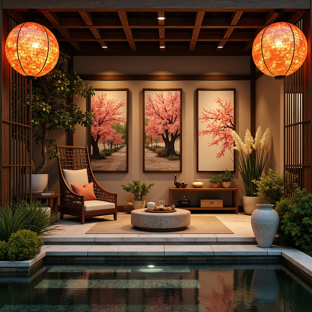 Prompt: Oriental lanterns, intricately carved wooden screens, delicate cherry blossom patterns, vibrant silk fabrics, hand-painted ceramics, natural stone accents, bamboo flooring, minimalist shoji doors, serene water features, lush greenery, subtle aromas of incense, warm soft lighting, shallow depth of field, 1/1 composition, realistic textures, ambient occlusion.