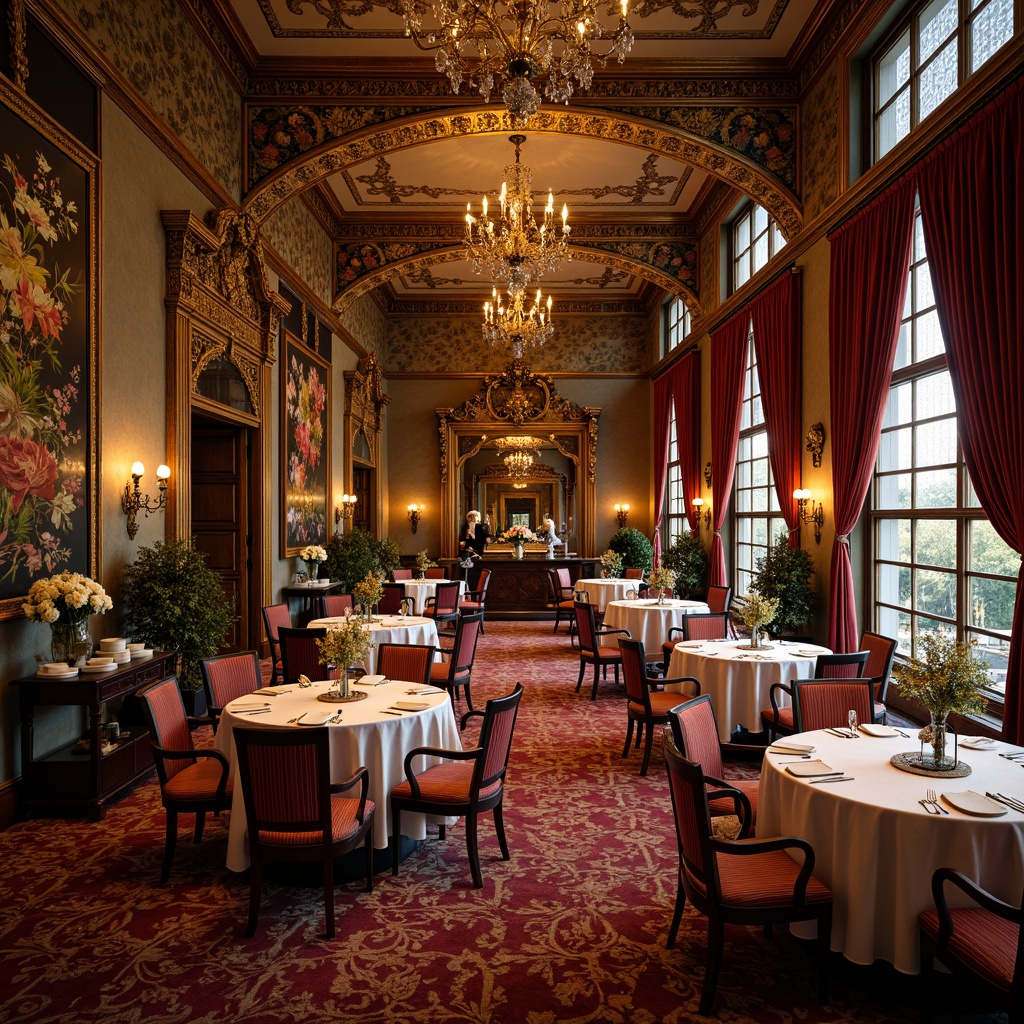 Prompt: Luxurious dining room, ornate Art Nouveau furnishings, sinuous curved lines, flowing organic patterns, rich jewel-toned colors, velvet drapes, intricately carved wooden panels, gilded moldings, delicate floral motifs, stained glass windows, warm golden lighting, soft focus, shallow depth of field, 1/2 composition, atmospheric perspective, realistic textures, subtle ambient occlusion.