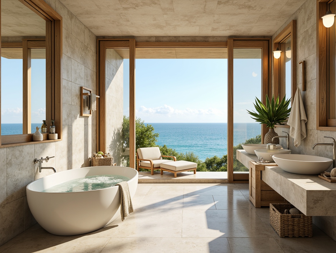 Prompt: Soft coastal bathroom, calming ocean views, gentle sea breeze, natural textures, driftwood accents, weathered stone walls, creamy white countertops, soothing blue-green color scheme, warm beige tones, soft grayish blues, crisp whites, natural linen fabrics, woven seagrass patterns, shells and pebbles decor, spa-like ambiance, relaxing atmosphere, warm golden lighting, shallow depth of field, 1/1 composition, realistic renderings.