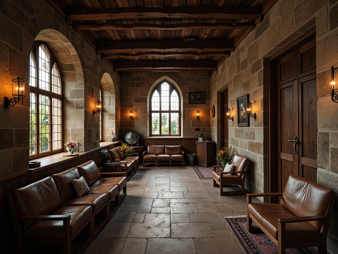 Prompt: Rustic monastery interior, wooden accents, distressed finishes, stone walls, vaulted ceilings, stained glass windows, dim warm lighting, ornate metalwork, antique furniture pieces, worn leather upholstery, rich textiles, earthy color palette, natural materials, minimalist decor, functional simplicity, cozy reading nooks, quiet reflection spaces, soft candlelight, subtle aromas, 1/1 composition, intimate atmosphere, realistic wood textures, ambient occlusion.