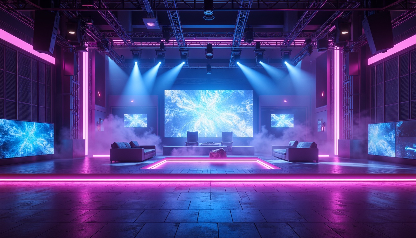 Prompt: Neon-lit stage, futuristic architecture, dynamic LED lights, strobe effects, fog machines, laser beams, holographic projections, cyberpunk atmosphere, metallic surfaces, glossy floors, sleek lines, minimalist decor, high-tech sound systems, immersive audio experiences, electric blue hues, vibrant purple tones, pulsing rhythms, kinetic light installations, 3D visualizations, low-poly geometric shapes, ambient occlusion, shallow depth of field, wide-angle lens, fast shutter speed.