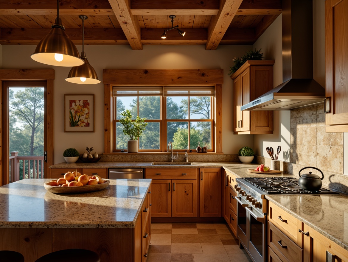 Prompt: Warm craftsman kitchen, rustic wooden cabinets, granite countertops, earthy tones, pendant lighting fixtures, bronze metal shades, candle-inspired designs, warm ambient glow, softbox lighting, 1/2 composition, shallow depth of field, natural textures, realistic reflections, cozy atmosphere, morning sunlight, subtle shadows.