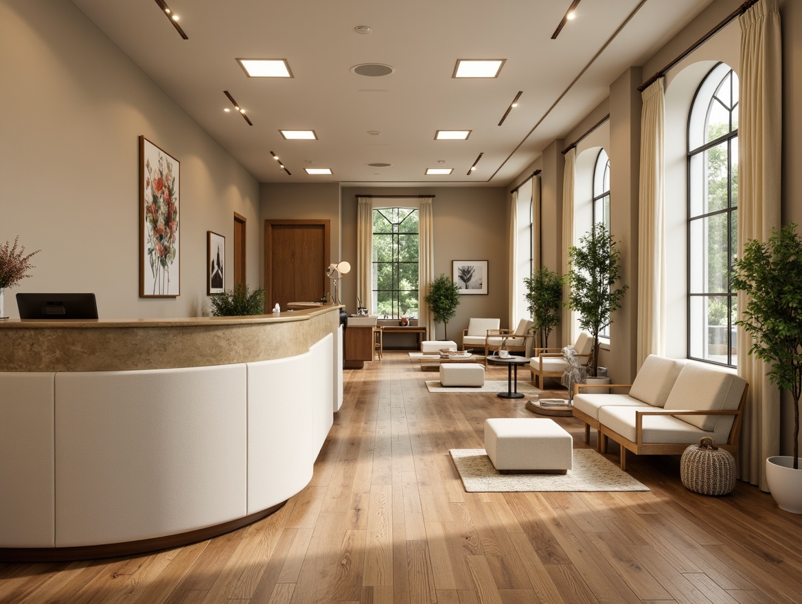 Prompt: Transitional style dental clinic, warm beige walls, polished wooden floors, soft cream-colored furniture, curved lines, elegant chrome accents, plush velvet upholstery, minimalist decorative accessories, natural stone reception desk, geometric patterned rugs, abundant greenery, modern track lighting, subtle ambient glow, shallow depth of field, 1/1 composition, realistic textures, ambient occlusion.