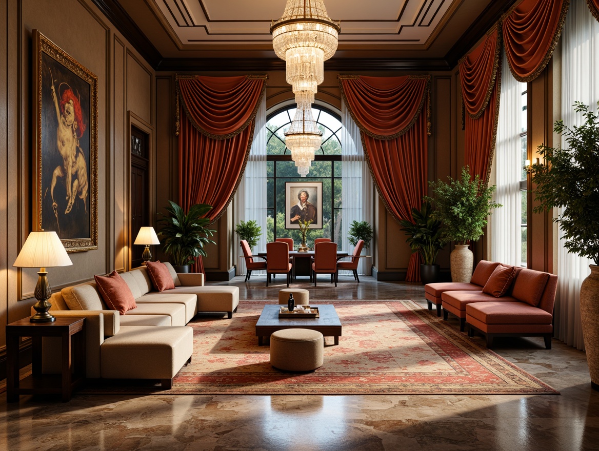 Prompt: Luxurious interior, ornate furnishings, velvet drapes, crystal chandeliers, gold accents, marble floors, intricate patterns, plush carpets, statement walls, designer artwork, elegant vases, exotic plants, sophisticated color palette, soft warm lighting, shallow depth of field, 3/4 composition, panoramic view, realistic textures, ambient occlusion.