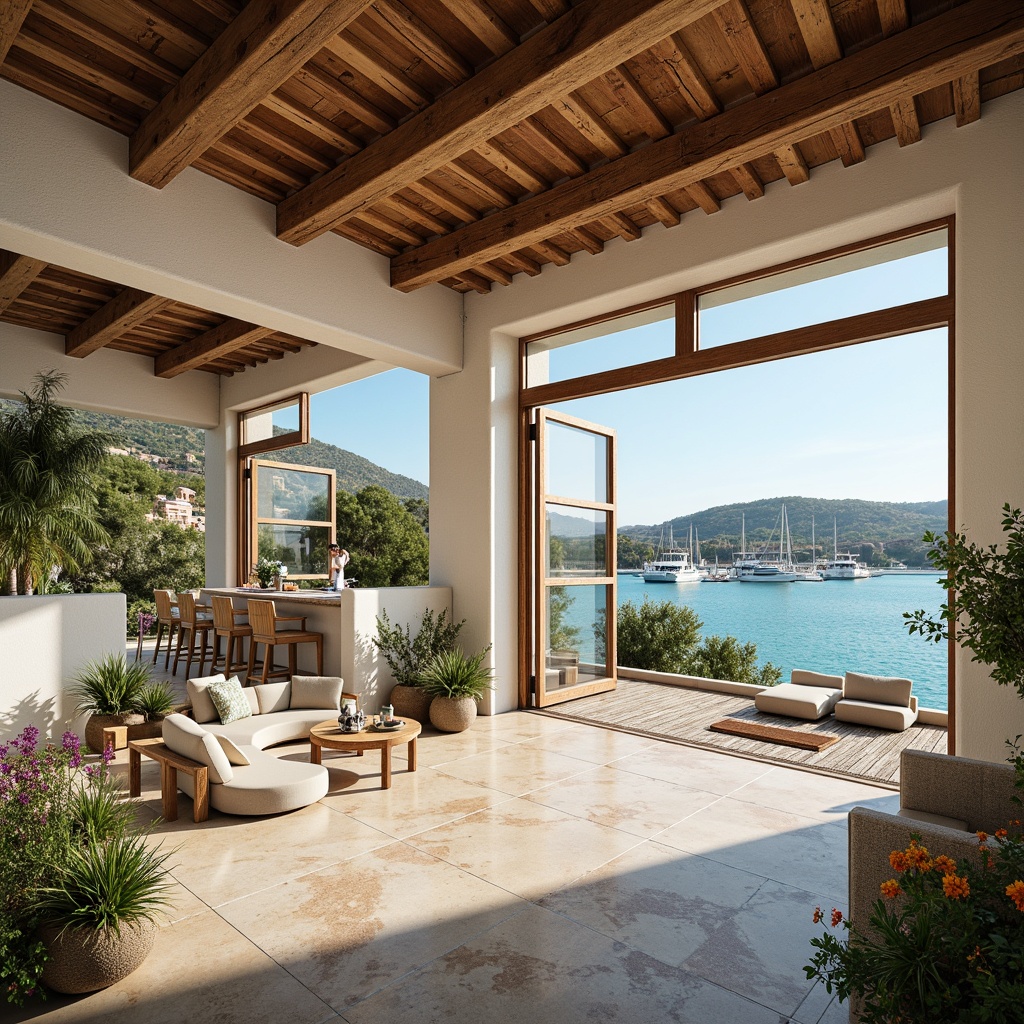 Prompt: Spacious open layout, boathouse design, Mediterranean style, rustic wooden beams, large windows, glass doors, natural stone walls, white stucco exterior, turquoise water, sailboats, yachts, seaside village, lush greenery, vibrant flowers, warm sunny day, soft warm lighting, shallow depth of field, 3/4 composition, panoramic view, realistic textures, ambient occlusion.