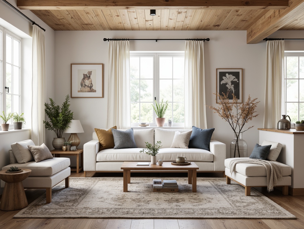 Prompt: Light-filled Nordic living room, natural wood accents, creamy whites, soft grays, warm beiges, muted blues, earthy tones, textured woven fibers, rustic wooden floors, minimalist decor, cozy throw blankets, nature-inspired patterns, subtle geometric shapes, ambient softbox lighting, 1/1 composition, intimate atmosphere, realistic textures, atmospheric misting.