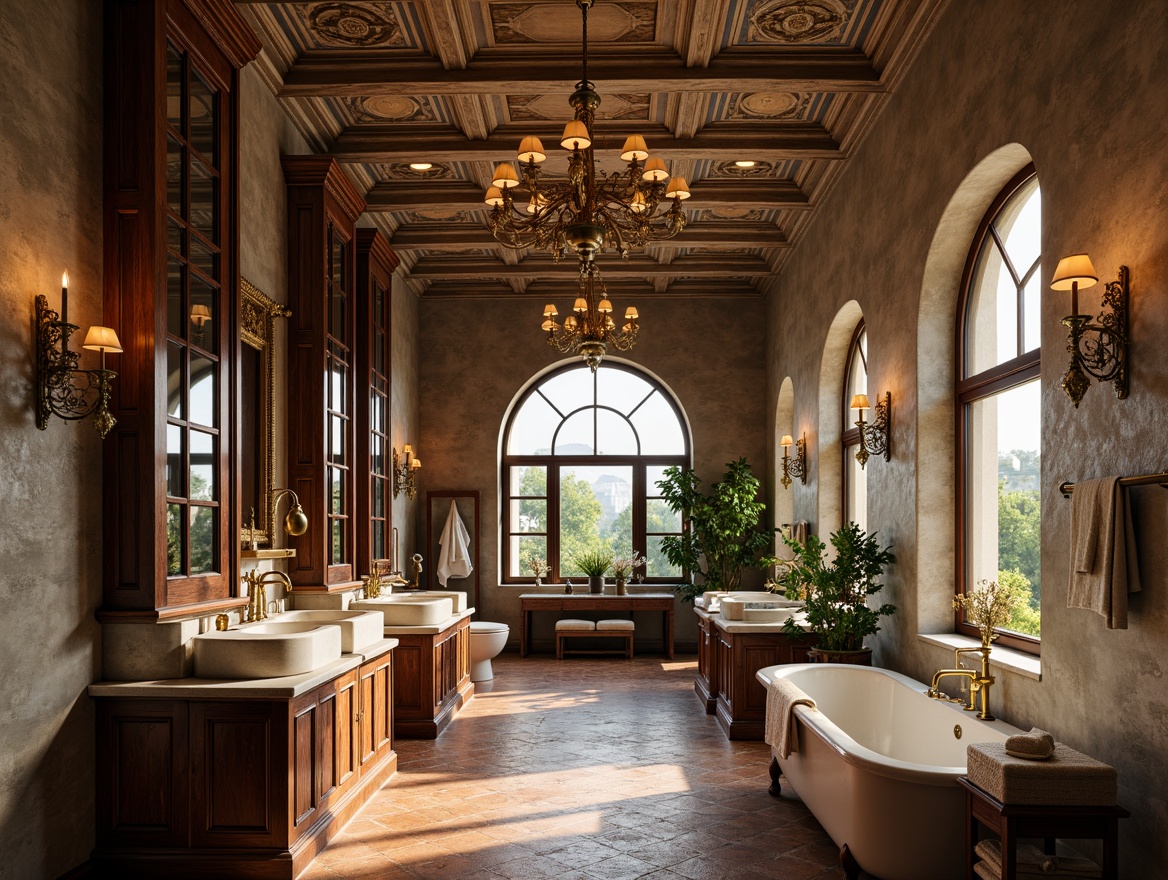 Prompt: Luxurious renaissance bathroom, intricately carved wooden cabinets, ornate golden fixtures, lavish marble countertops, textured stone walls, frescoed ceiling, rustic terracotta flooring, elegant archways, grandiose chandeliers, soft warm lighting, subtle shadows, 1/1 composition, intimate atmosphere, realistic reflections, ambient occlusion.