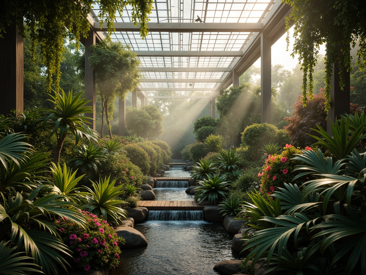 Prompt: Lush tropical plants, exotic flowers, warm natural lighting, misty atmosphere, glass roof, wooden beams, steel frames, modern greenhouse architecture, vibrant greenery, dripping waterfalls, serene ambiance, soft diffused light, shallow depth of field, 1/1 composition, realistic textures, ambient occlusion.