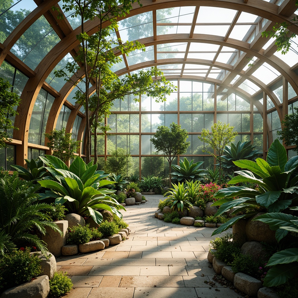 Prompt: Vibrant greenhouse interior, lush tropical plants, natural stone flooring, reclaimed wood accents, modern expressionist architecture, curved glass walls, clerestory windows, skylights, solar tubes, soft diffused lighting, warm color palette, organic shapes, flowing curves, asymmetrical compositions, abundant foliage, misty atmosphere, shallow depth of field, 1/1 composition, panoramic view, realistic textures, ambient occlusion.